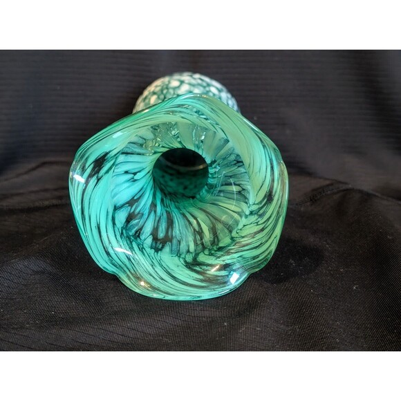 Vtg Hand Blown Aqua & White Marble Spatter Confetti Swirl Glass Ruffled Vase - Picture 4 of 6